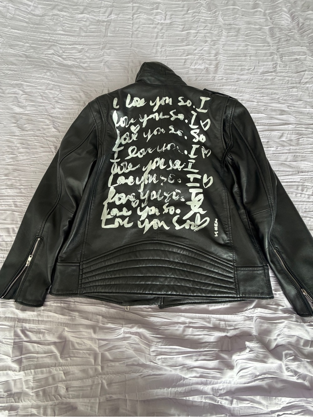 Aqua Black Leather Jacket with White Script Back